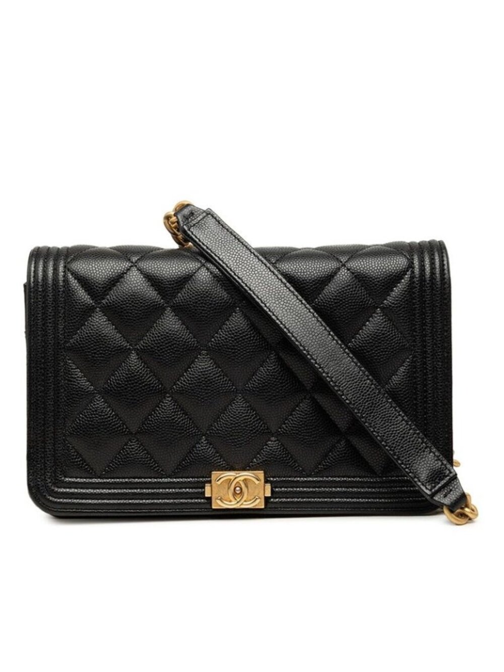 Chanel CC Logo Boy Chain Wallet Shoulder Bag Black Gold Caviar Leather